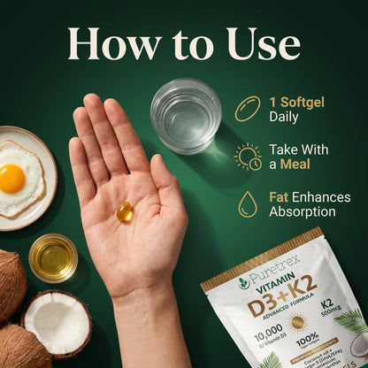 How to take vitamin D3 K2 softgels — 1 daily with a fat-containing meal for maximum absorption and bioavailability.