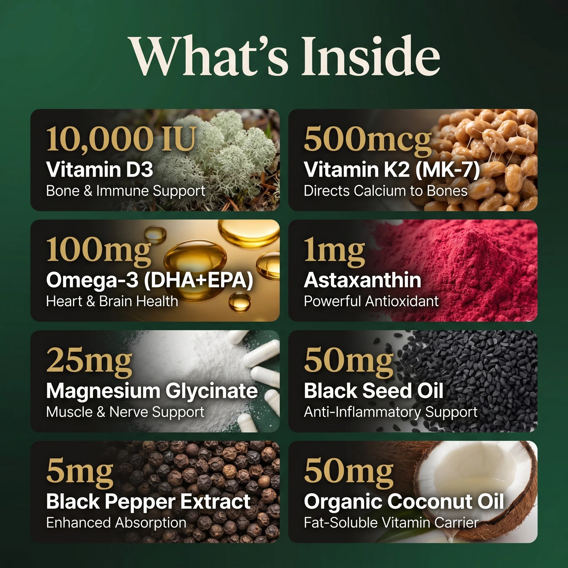 Vitamin D3 10000 IU with K2 MK-7 500mcg, Omega-3 DHA EPA, Astaxanthin, Magnesium Glycinate and Black Seed Oil ingredients.