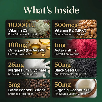 Vitamin D3 10000 IU with K2 MK-7 500mcg, Omega-3 DHA EPA, Astaxanthin, Magnesium Glycinate and Black Seed Oil ingredients.