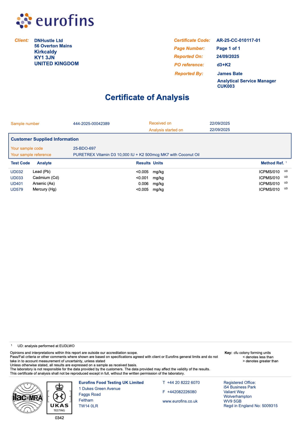 Certificate of Analysis for PURETREX Vitamin D3 + K2 supplement confirming purity, potency, and lab testing results
