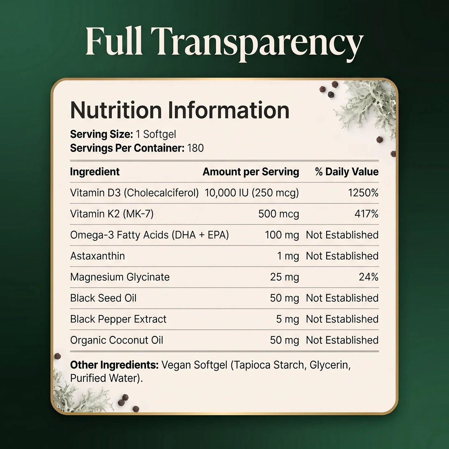 Vitamin D3 K2 MK7 supplement facts label, 180 vegan softgels, 6 month supply, high potency daily multivitamin formula.