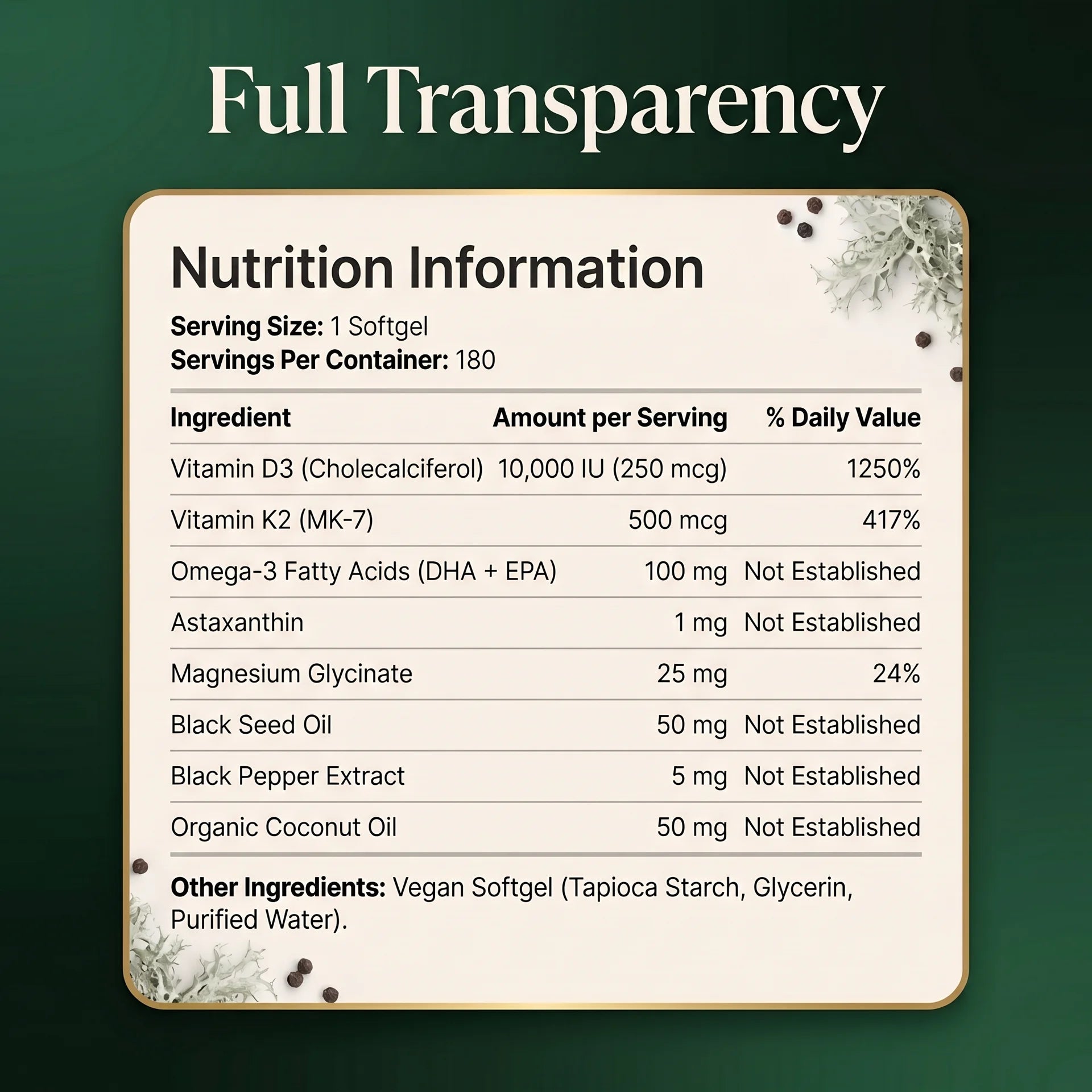 Vitamin D3 K2 MK7 supplement facts label, 180 vegan softgels, 6 month supply, high potency daily multivitamin formula.