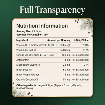 Vitamin D3 K2 MK7 supplement facts label, 180 vegan softgels, 6 month supply, high potency daily multivitamin formula.