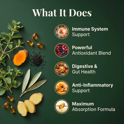 Wild oil of oregano 6000mg supplement benefits: immune system support, antioxidant blend, digestive gut health and anti-inflammatory formula.