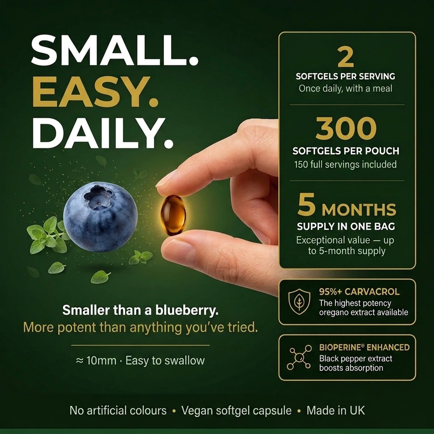 Puretrex wild oil of oregano 6000mg softgel smaller than a blueberry, 300 softgels per pouch, 5 month supply with 95% carvacrol and BioPerine.