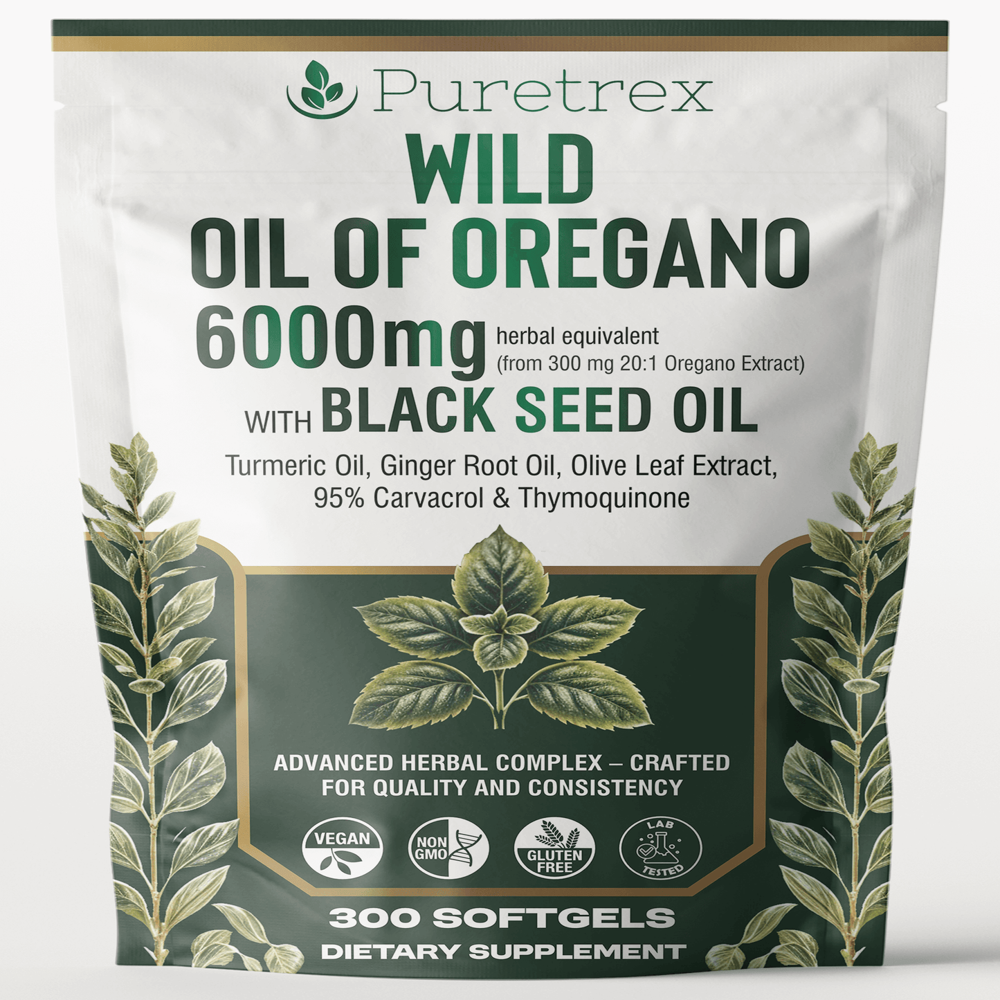 PURETREX Wild Oil of Oregano 6000mg supplement pouch with Black Seed Oil, Turmeric, Ginger Root, and Olive Leaf Extract, 300 softgels for immune and respiratory support