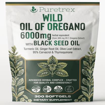 PURETREX Wild Oil of Oregano 6000mg supplement pouch with Black Seed Oil, Turmeric, Ginger Root, and Olive Leaf Extract, 300 softgels for immune and respiratory support