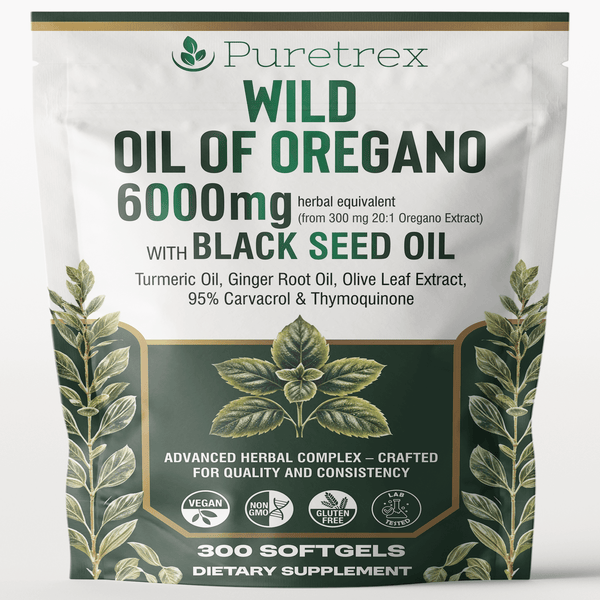 PURETREX Wild Oil of Oregano 6000mg supplement pouch with Black Seed Oil, Turmeric, Ginger Root, and Olive Leaf Extract, 300 softgels for immune and respiratory support