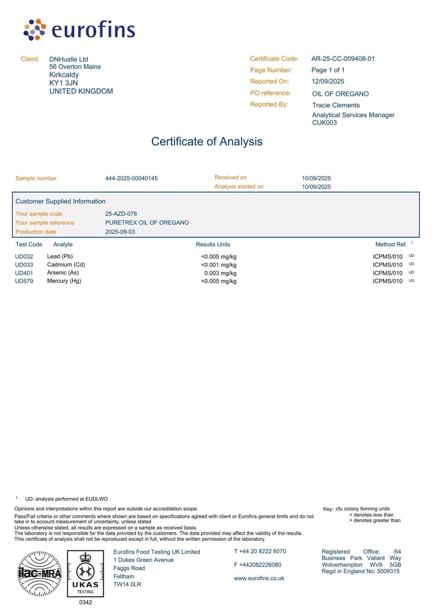 Certificate of Analysis for PURETREX Wild Oil of Oregano confirming purity, strength, and third-party lab testing results