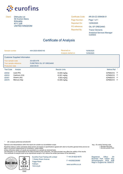 Certificate of Analysis for PURETREX Wild Oil of Oregano confirming purity, strength, and third-party lab testing results