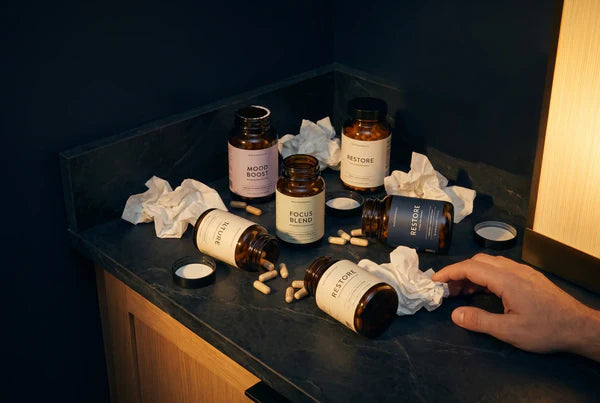 Cluttered shelf of multiple supplement bottles illustrating the need for an all-in-one D3 K2 formula