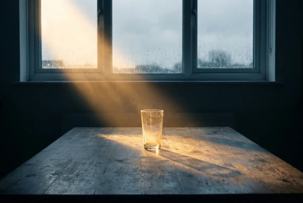 Glass of water on wooden table by rainy window representing daily vitamin D deficiency in the UK