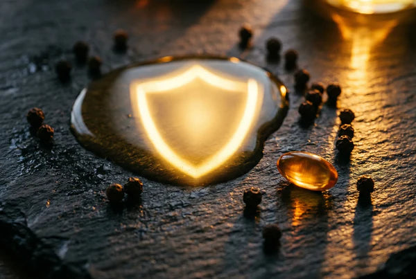Golden shield symbol representing immune system support from high-strength vitamin D3 supplementation