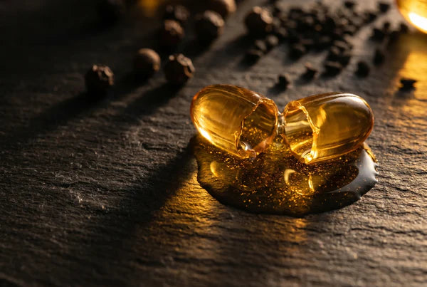 Dark softgel capsules with black peppercorns illustrating BioPerine enhanced nutrient absorption