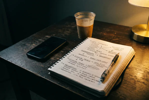 Open notebook with research notes and coffee on desk representing vitamin D3 K2 supplement research